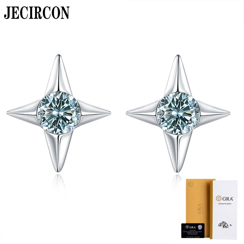 

JECIRCON Popular S925 Sterling Silver Earrings Maldives Blue Moissanite 4 Stars Studs 0.6 Carat Simple Versatile Fine Jewelry