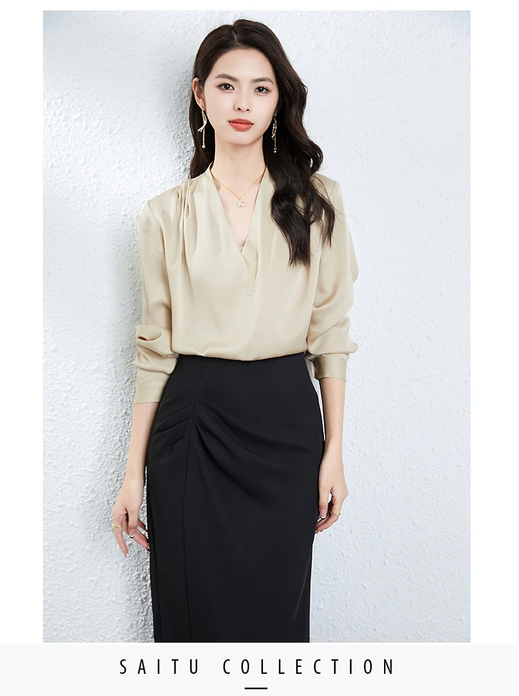 Women's Shirt 92.3% Silk, 6.8% Spandex Long Sleeves Sexy V Neck Ruched Elegant Fashion Blouse Tops
