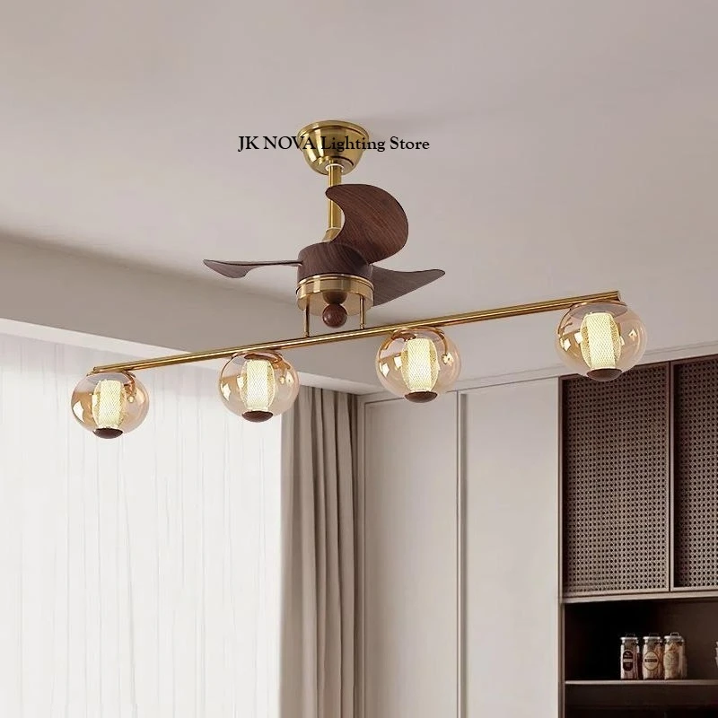 Medieval style long strip one-word restaurant fan light French pastoral glass tea room light American retro study chandelier