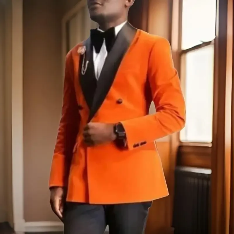 Orange Velvet Wedding Suits for Men Double Breasted Groom Tuxedo 2 Piece Custom Made Suit Jacket with Black Pants