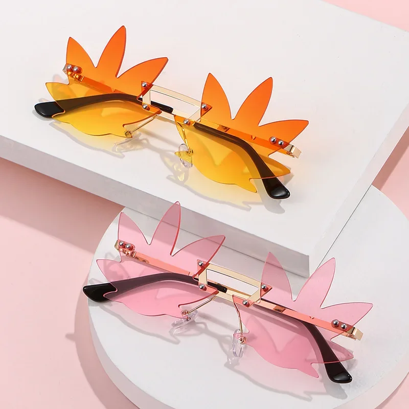 

Maple Leaf Shape Sunglasses for Women Metal Rimless Sun Glasses Retro Party Decorative Unique Street Catwalk Prom Eyewear