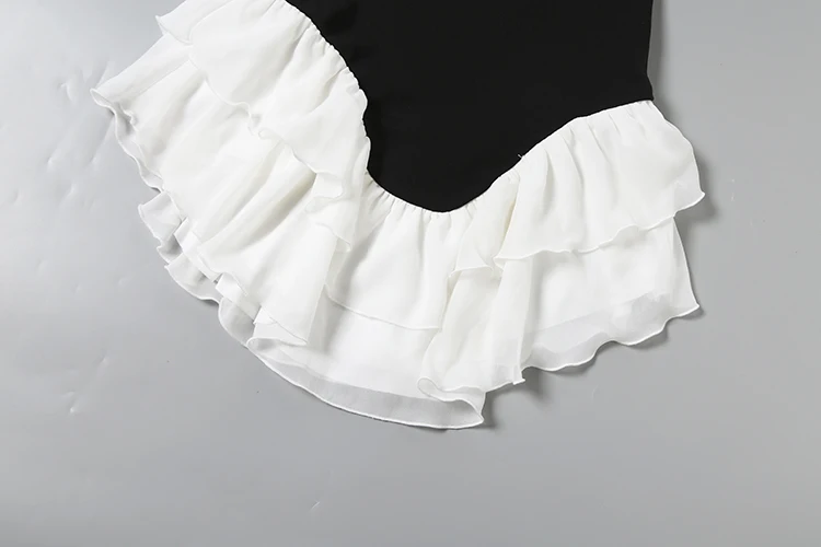 Weird Puss Elegantes, gestuftes Kleid für Damen, Herbstmode, Mesh-Patchwork, ausgeschnittener Ausschnitt, Glockenärmel, unregelmäßiger Saum, Party, sexy, figurbetont – Detail 9