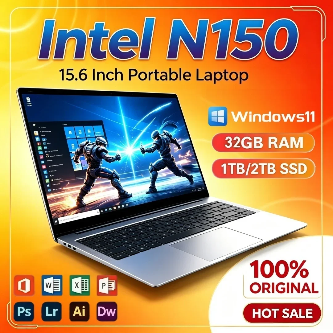 15.6 Inch Intel N150 2026 Slim Office Study Laptop 16GB/32GB RAM Windows11 Portable Laptop 1/2TB Large SSD