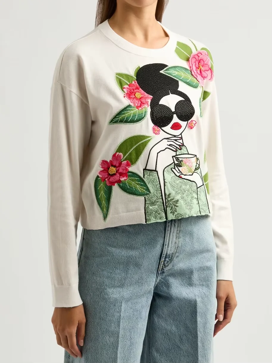 

Женский хлопковый пуловер с тяжелой вышивкой, осень-зима, повседневные женские футболки с круглым вырезом и длинными рукавами