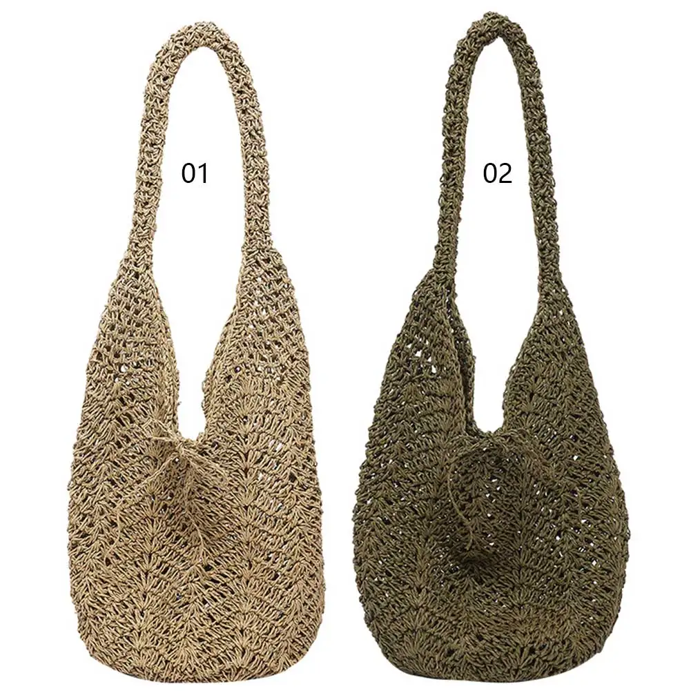 

Женская соломенная тканая сумка Шикарная сумка-хобо Большая вместительная сумка с верхней ручкой Полая тканая сумка на плечо Легкая летняя пляжная сумка