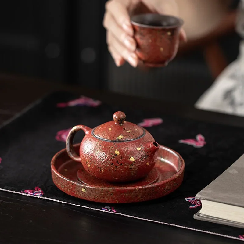 1Pc Full Mountain Red Sprinkling Gold Round Pot Retro Ceramic Bubble Teapot Household KungFu TeaSet Ball Hole Filter Teapot Gift