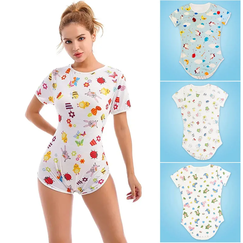 

ABDL Adult Baby Bodysuit With Snaps Soft Cartoon Print Short Sleeve Round Neck Pullover Playsuits Couple Home Clothing