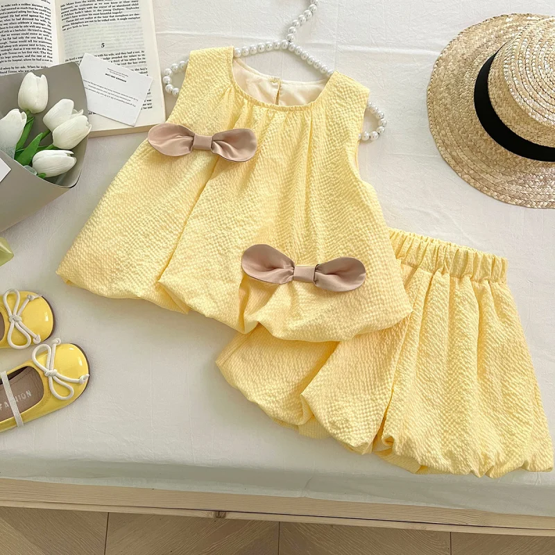 

2025Summer New Girls' Doll Bubble Dress Baby Bow Cute Pants Set17115