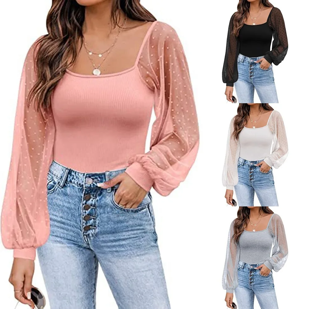 

Womens Mesh Long Sleeve Shirts Casual Blouses Tops