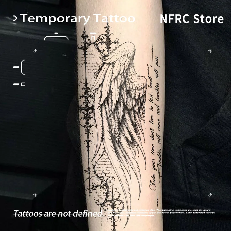 Tatouages Temporaires - Autocollants Tatouage Effet Encre à Base de Plantes Motif Aile Sombre et Croix - Nouveauté pour Adolescents
