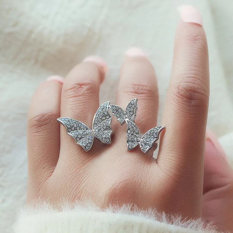 Inlaid Rhinestones Sparkling Butterfly Open Ring Women\'s Personalized Fashionable Daily Accessories Party Jewelry Birthday Gifts