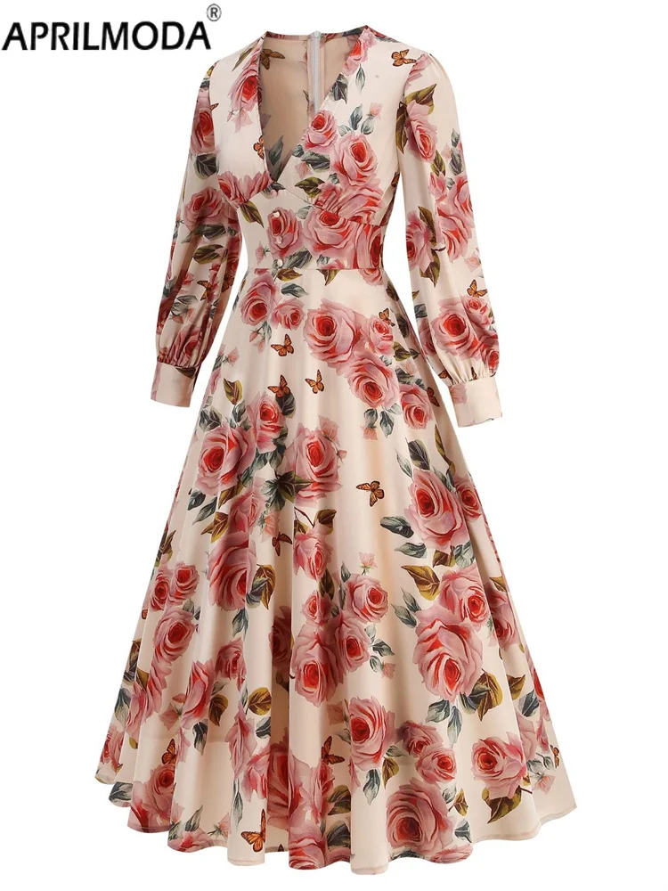 2025 Autumn Winter Long Sleeve Vintage Casual Women's Dress 1950s Floral Print V Neck Elegant Pinup Swing Short Prom Dresses