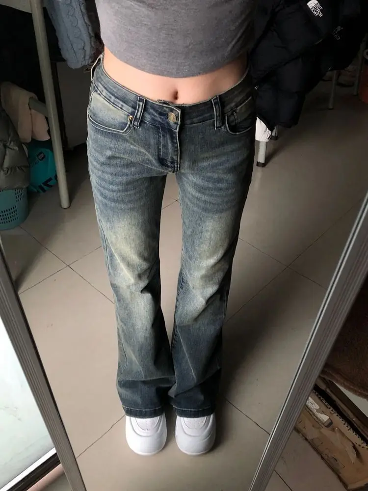 جينز نسائي أمريكي ريترو ربيع الخريف فتاة حار شارع العليا عالية الخصر نحيل واسعة الساق طول الأرض سروال حدوة الحصان