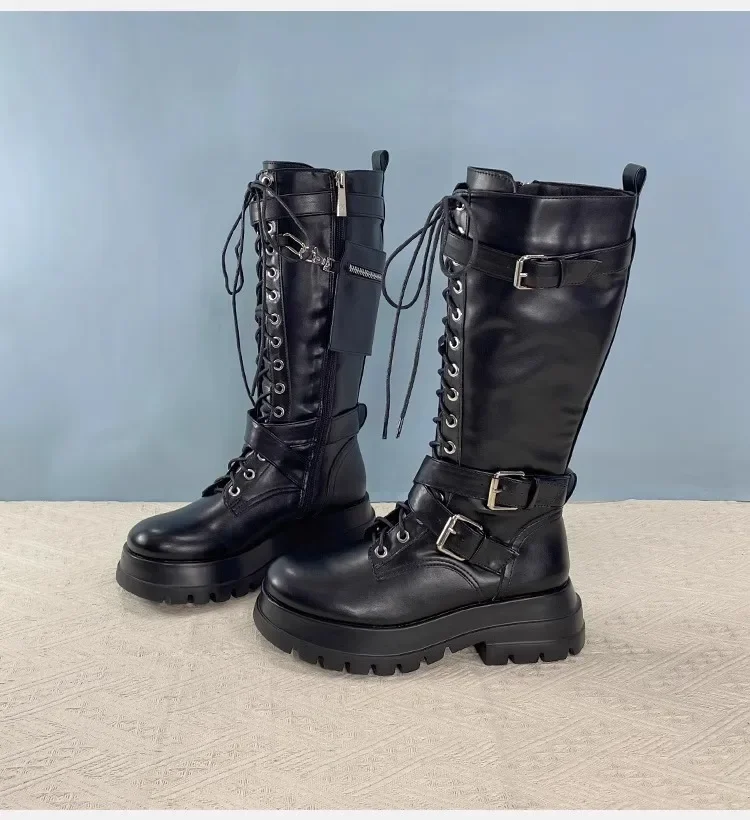 Soft Leather Platform Lace-Up Knee-High Boots Women British Style Round-Toe Long Botines Mid-Calf Punk Knight Botas Femininas