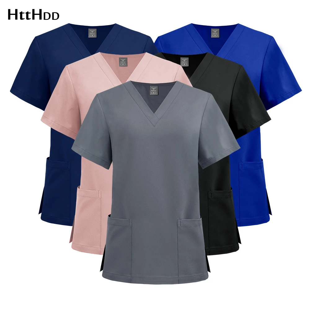 Men Women T-shirt High Qualtity Short Sleeved Nursing Articles V-Neck Solid Color Grey Pink Breathable Clothing Nurse Scrub Tops