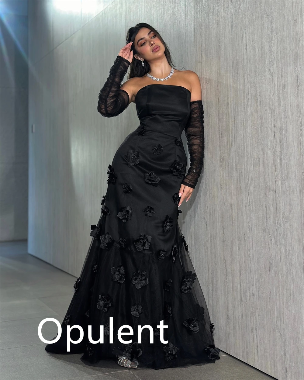 Personalizado requintado preto jérsei vestido de noite clássico sem alças manga destacável mangas compridas flores sob medida ocasiones