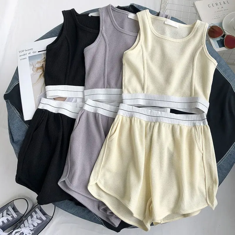 

Women's Waffle Short Vest Suit Outerwear Loose Versatile Two-piece Summer Fitness Running Leisure Sports Wide-leg Shorts Suit