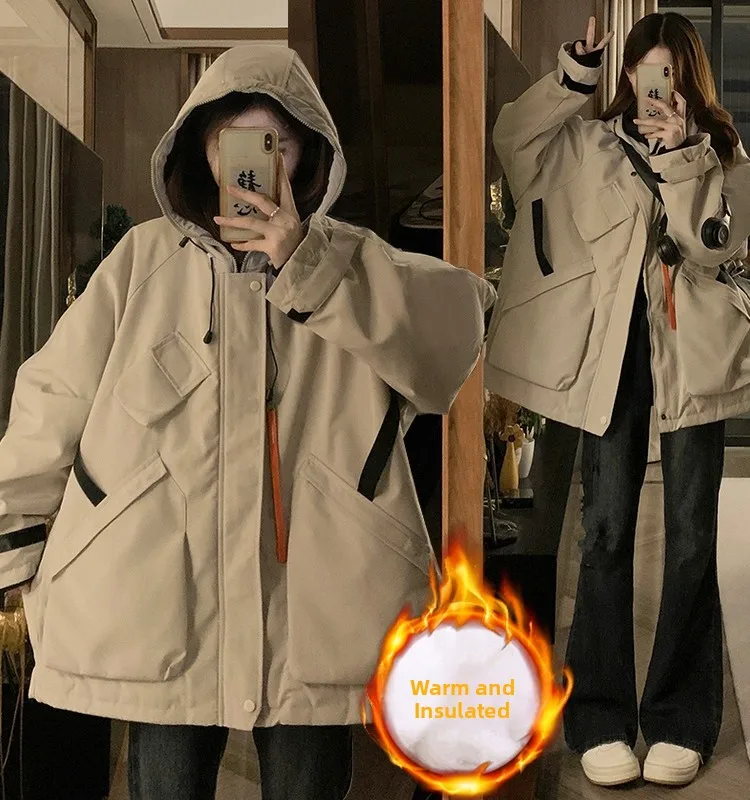 

Хлопковое джинтовое пальто American Sle Thiened с капюшоном, зимнее брендовое свободное пальто Street Faion с несколькими карманами для женщин