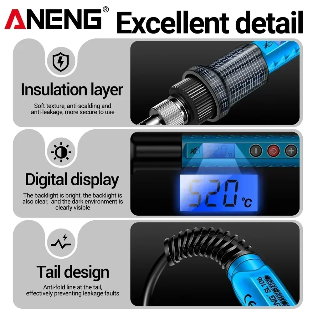 ANENG SL106 Electric Soldering Iron Kit US/EU Plug Smart Display Welding Tool Ceramic Heater Portable Electrocautery Solder Tips