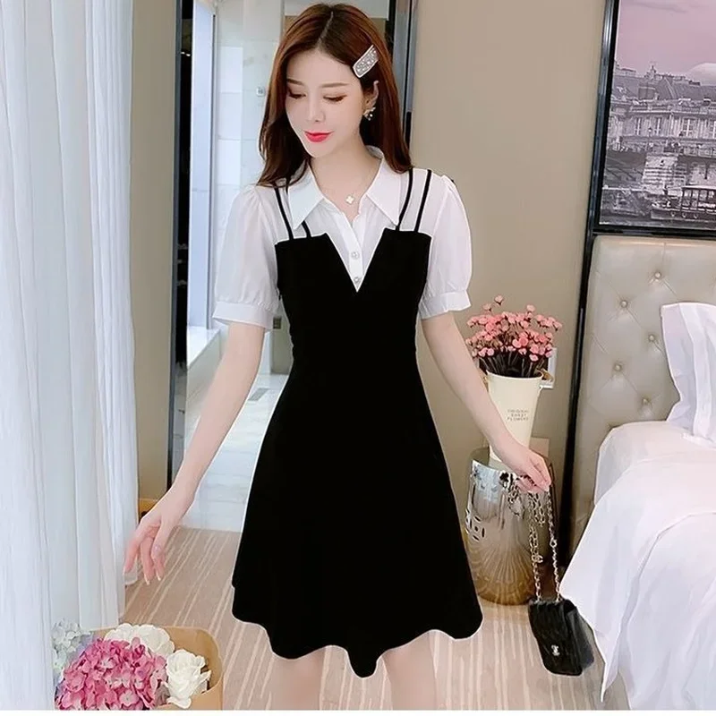 Splicing Black Woman Dress Dresses for Women 2024 Clothes Short Mini Fashion Summer X New Features of Cotton Trendy Korean Style