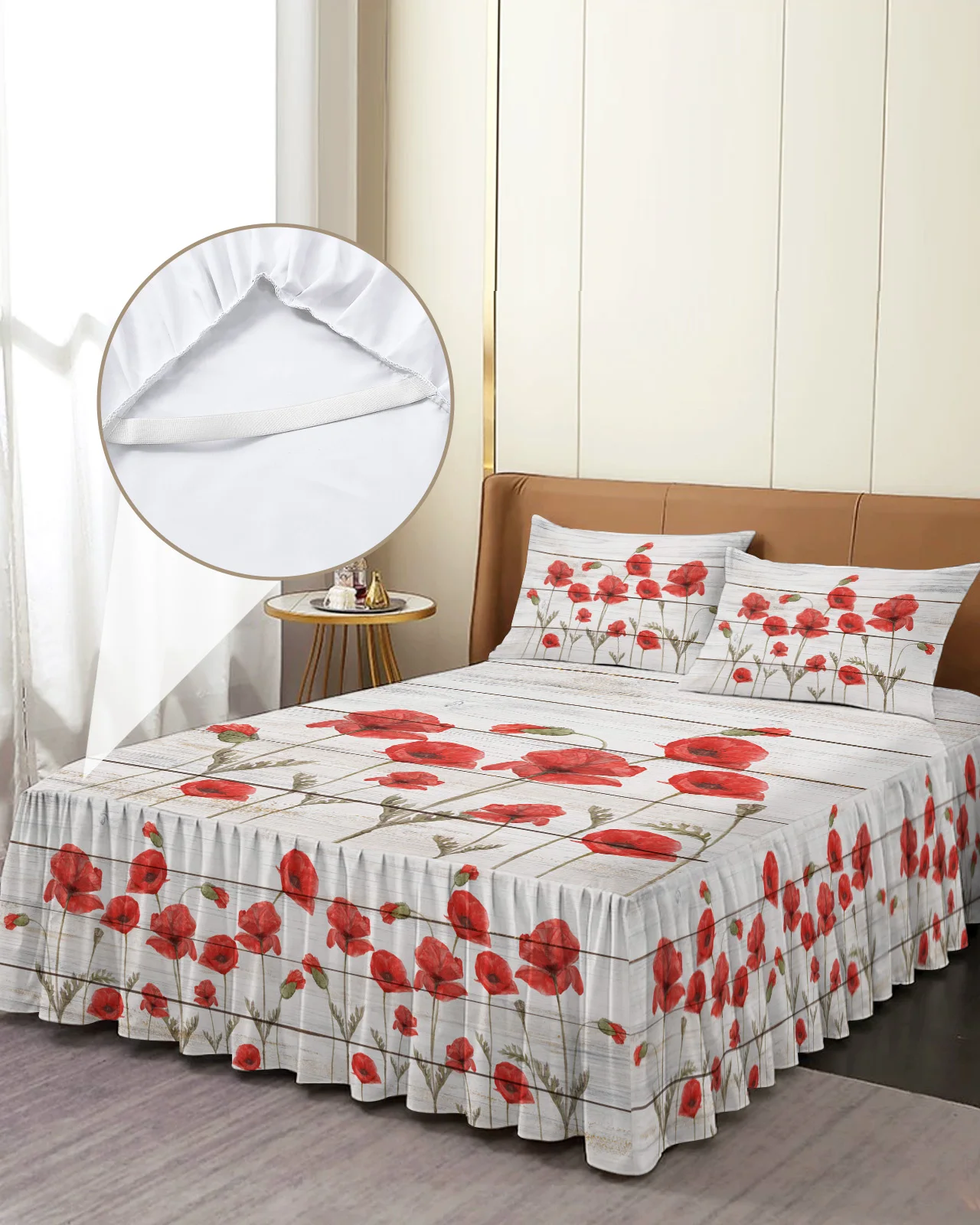 Red Poppy Flower Wood Board Bed Skirt Elastic Fitted Bedspread With Pillowcases Mattress Cover Bedding Set Bed Sheet