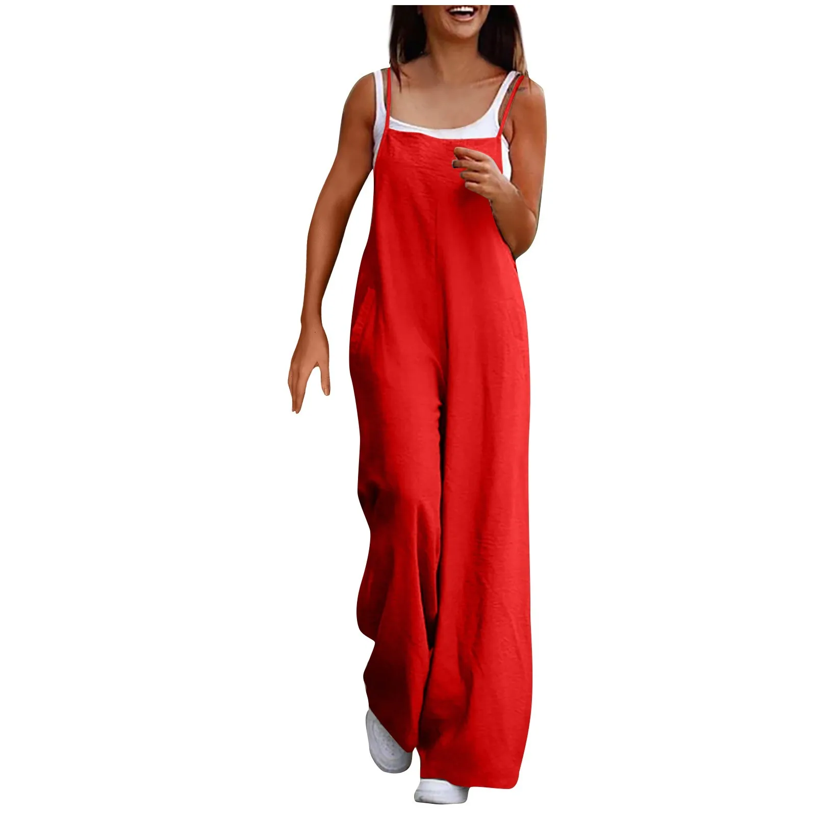 

Women'S Loose Jumpsuits 2024 Spring Summer New High Waist Pockets Fashion Jumpsuits Solid Color Suspender Wide Leg Jumpsuits