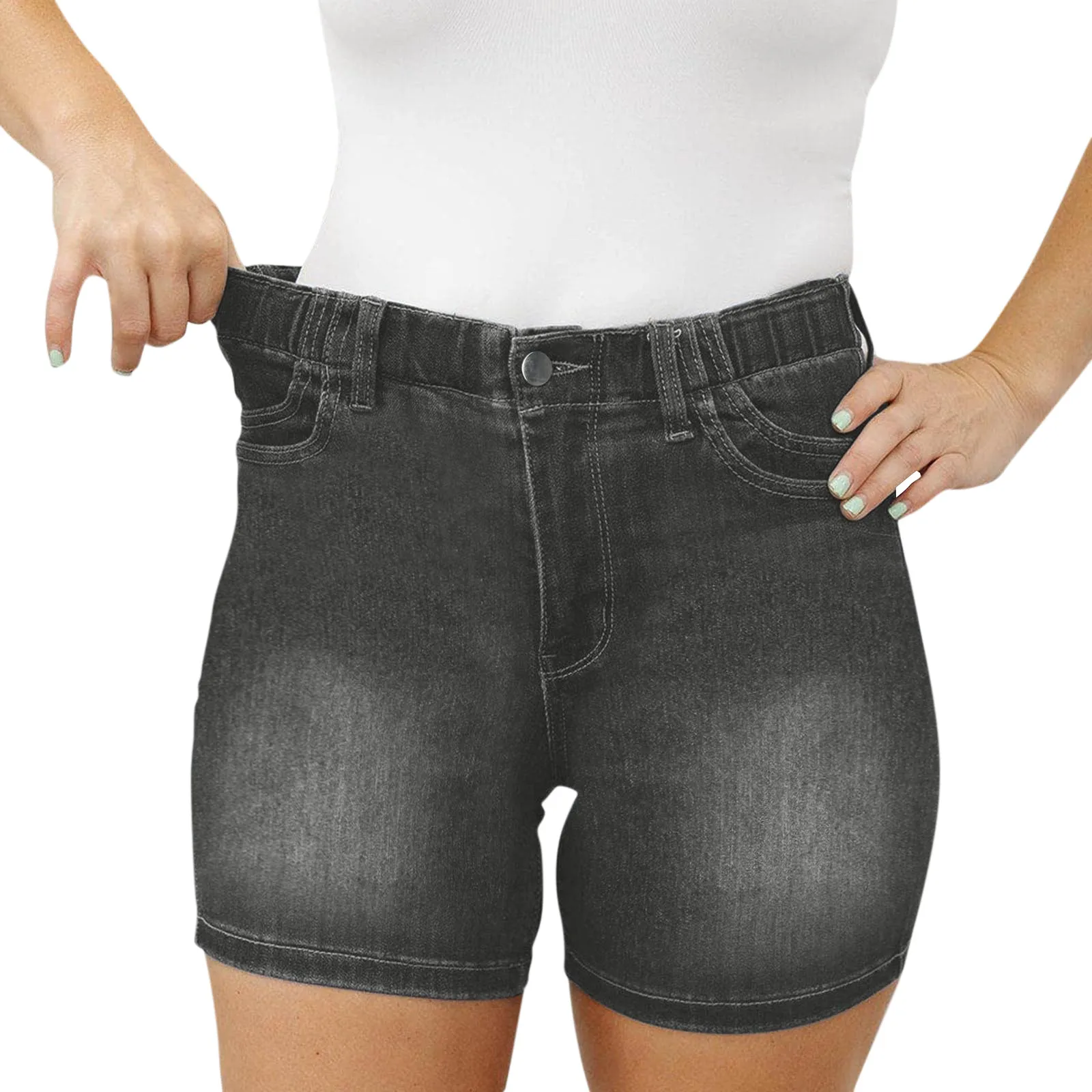 Traf-Short taille haute élastique pour femme, short en jean décontracté mi-long, jean extensible avec double poches AdTosDouble, 2024