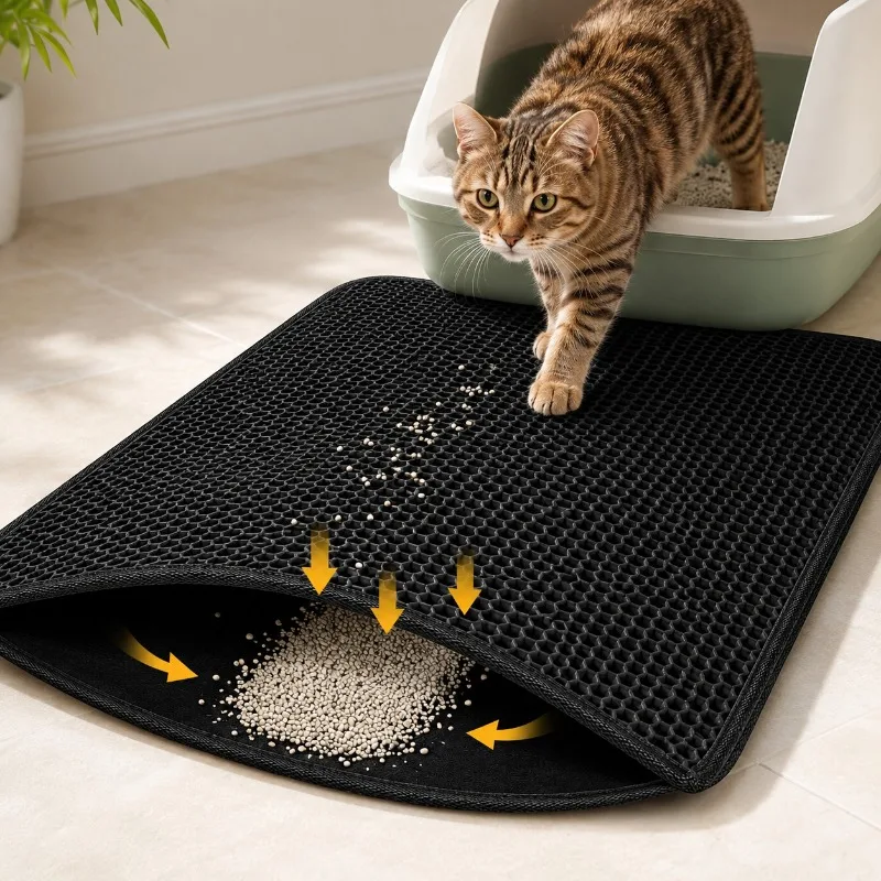 Große Doppelschichtige Katzenstreu-Matte EVA Wasserdicht Waschbar Rutschfeste Haustier-Toilettenmatte Auffangmatte Faltbare Katzenstreu-Fangmatte