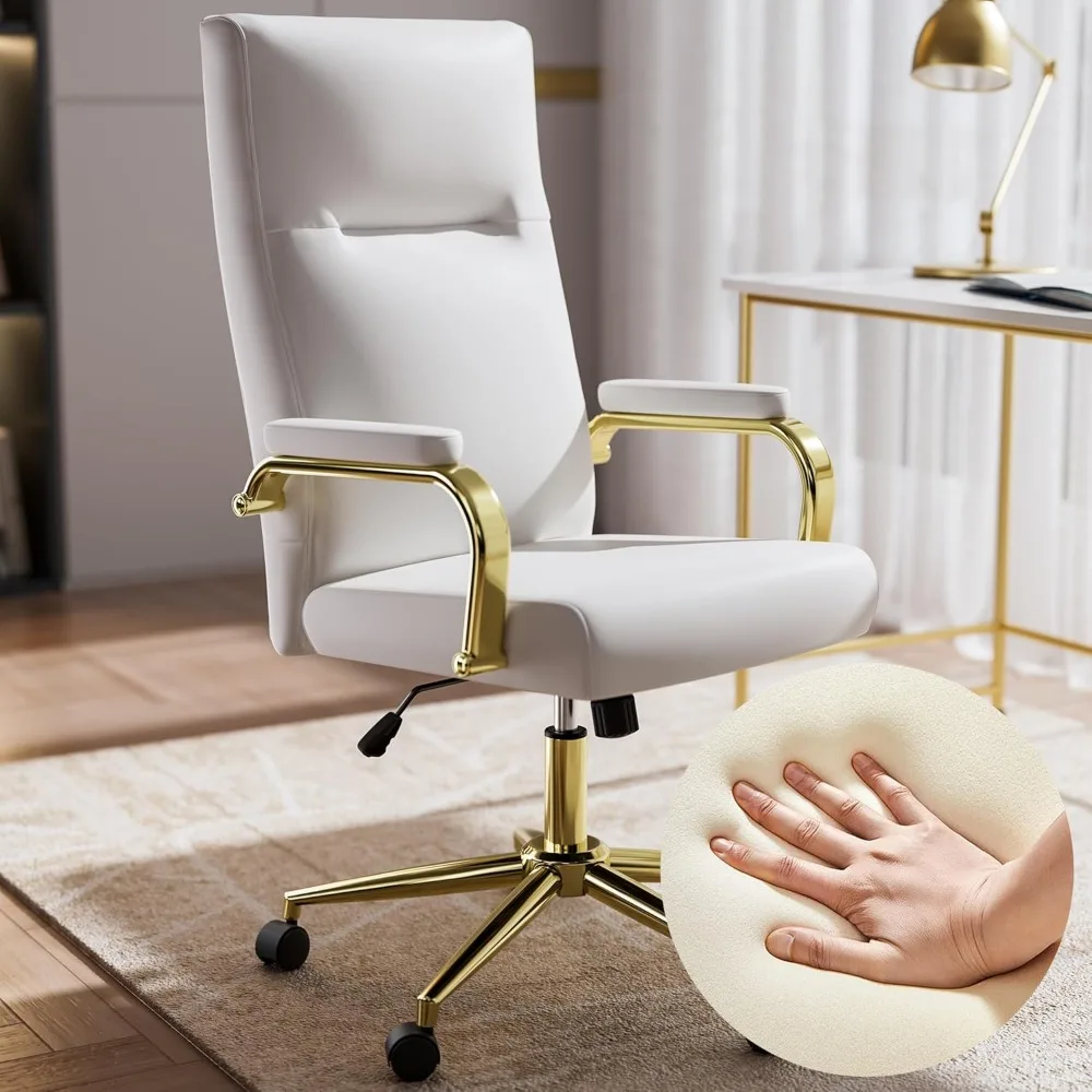 

White and Gold Office Chair Memory Foam, White Leather Computer Desk Chairs with Wheels and Arms, High Back Executive Office Cha