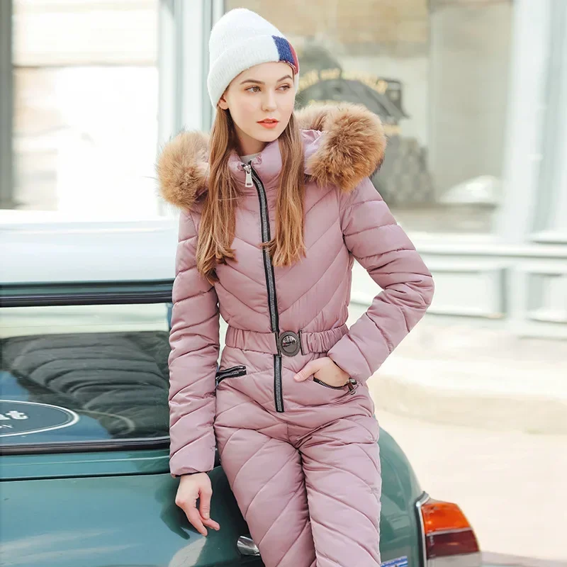 Women Zipper  Plush Hooded Warm Jumpsuits Winter Parkas Jumpsuits Women's Long Sleeve Stand Collar Ski Parkas Jumpsuits