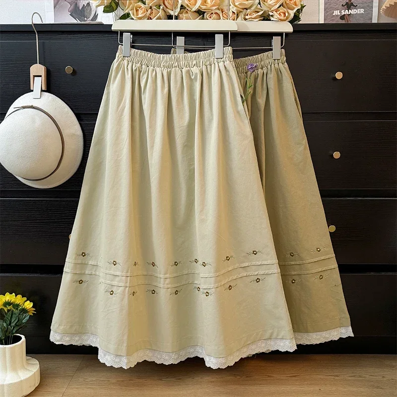 Skirts Women Retro Forest Lace Splicing Embroidered Flower Spring 2025 High Waist Slim A-line Vintage Fashion Chic Skirt