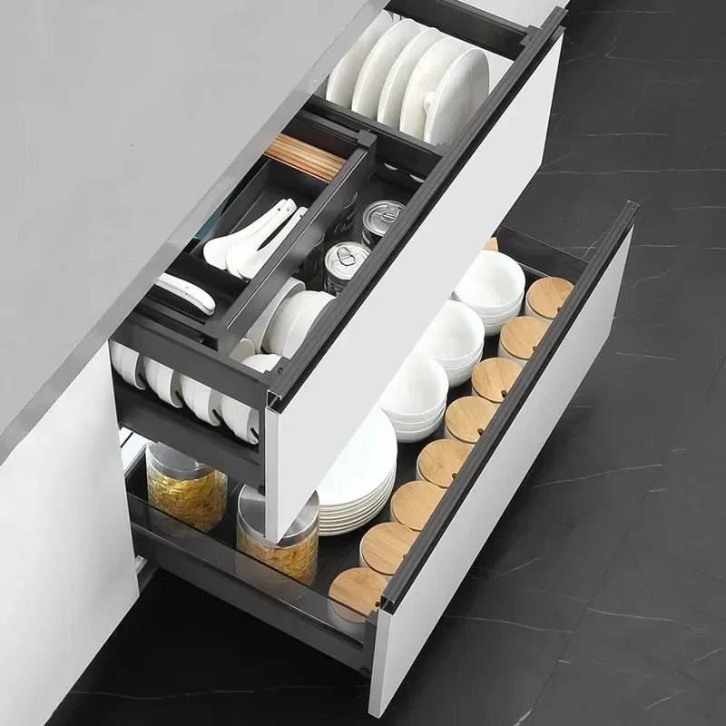 Organizador de cajones extraíble de aluminio, resistente, extensible, con cesta deslizante, estantes para despensa, bandeja para cajones con divisores para cocina
