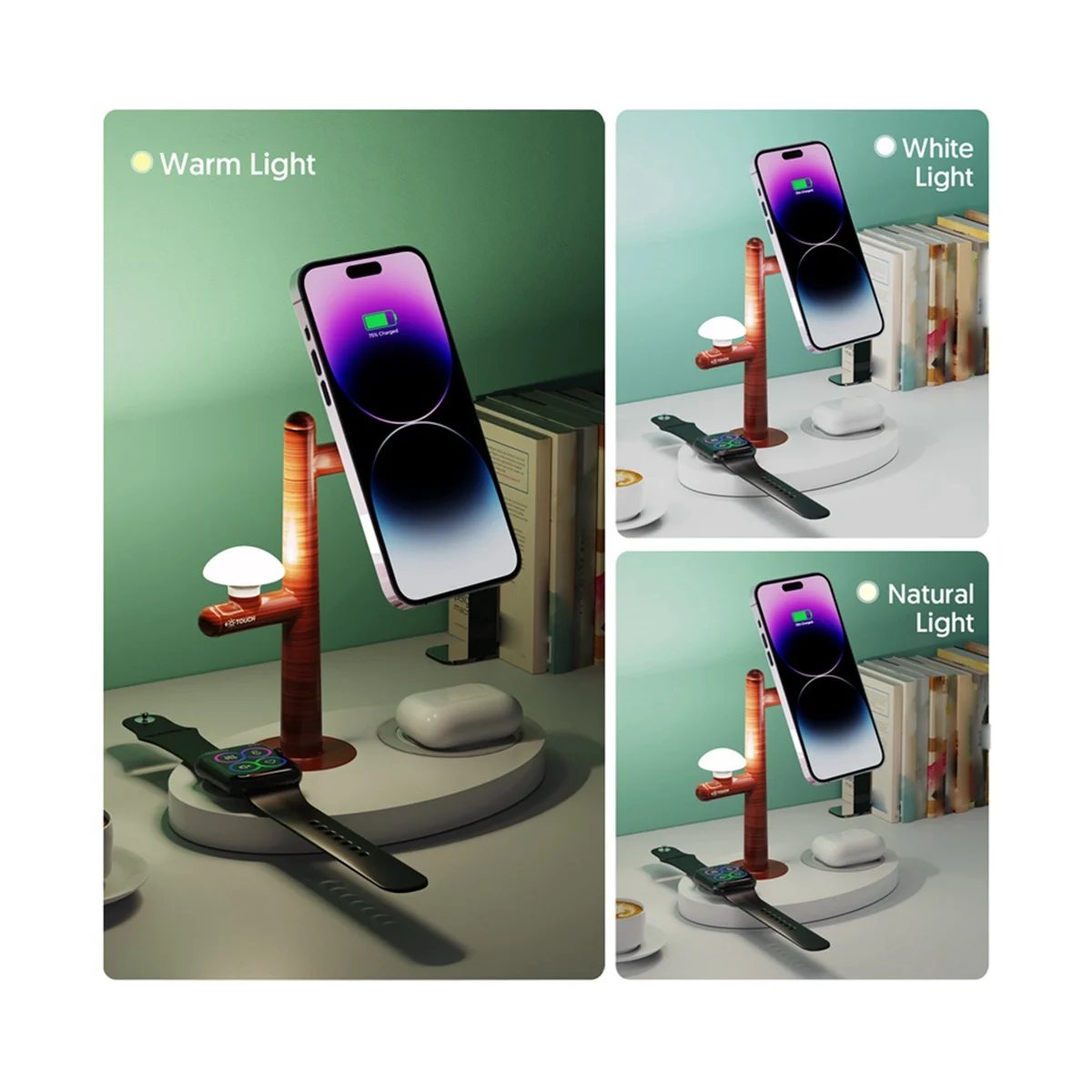 เครื่องชาร์จไร้สาย 3 in 1 Magnetic Wireless Charger ขาตั้งไฟ LED แท่นชาร์จอย่างรวดเร็วสําหรับ S8 สําหรับ - สีดํา