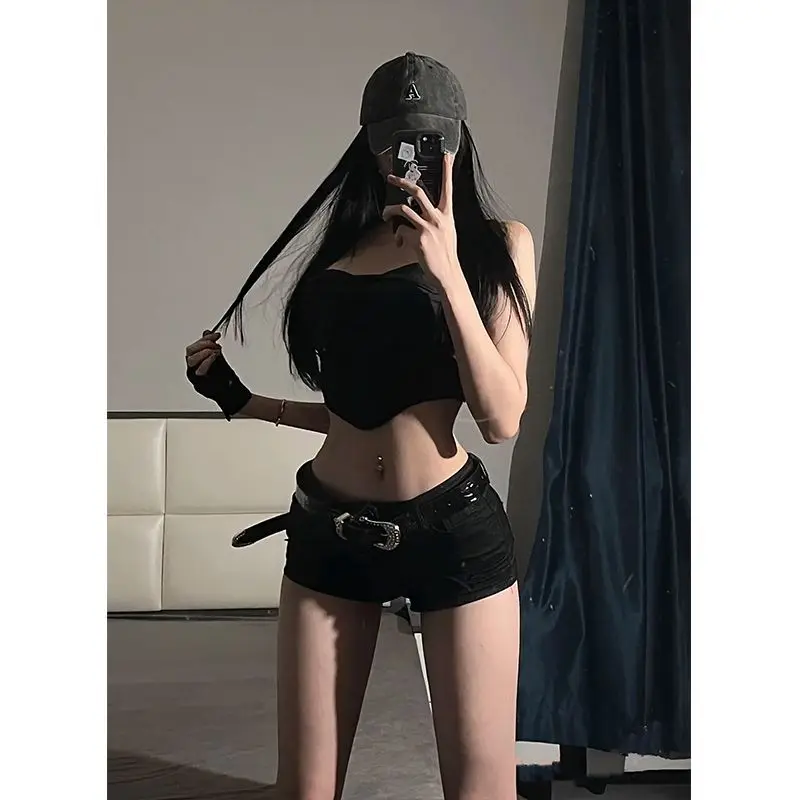 

Готические джинсовые шорты Y2K с низкой посадкой, дерзкие шорты High Street для похудения, подтягивающие ягодицы, эластичные шорты для эстетики Baddie