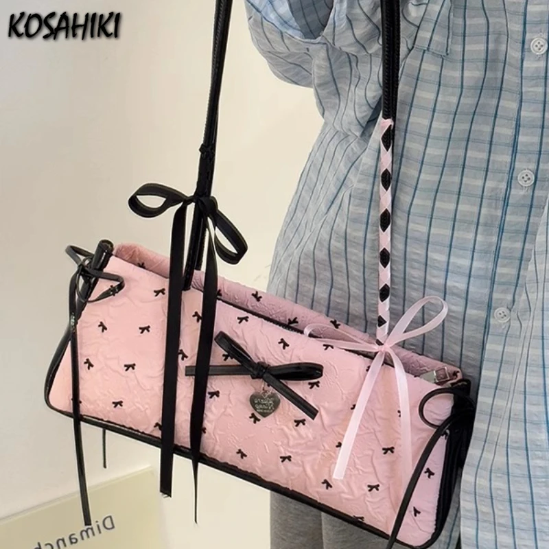 

Pink Contrast Color Sweet Bow Women's Handbags Y2k Aesthetic Office Lady Chic Shoulder Bags Elegant Fashion Fairy Underarm Bag