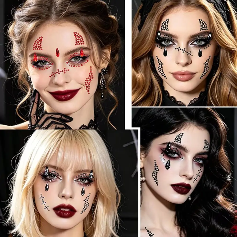 1pc Halloween Face Gem Stickers 3D Red Black Rhinestone Face Body Jewels Teardrop Crystal Eye Face Gems Temporary Face Stickers*