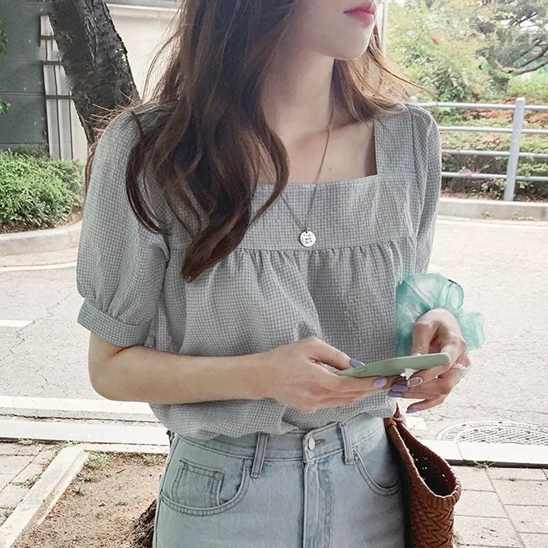 Summer Thin Short Sleeve Shirt Women's Square Collar Plaid Versatile Retro Korean Style Casual Fashionable Breathable Top
