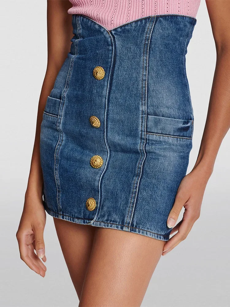 HIGH QUALITY Newest 2024 Designer Fashion Women's Metal Buttons Washed Denim High Waist Mini Skirt