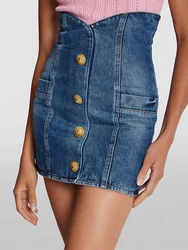HIGH QUALITY Newest 2026 Designer Fashion Women's Metal Buttons Washed Denim High Waist Mini Skirt