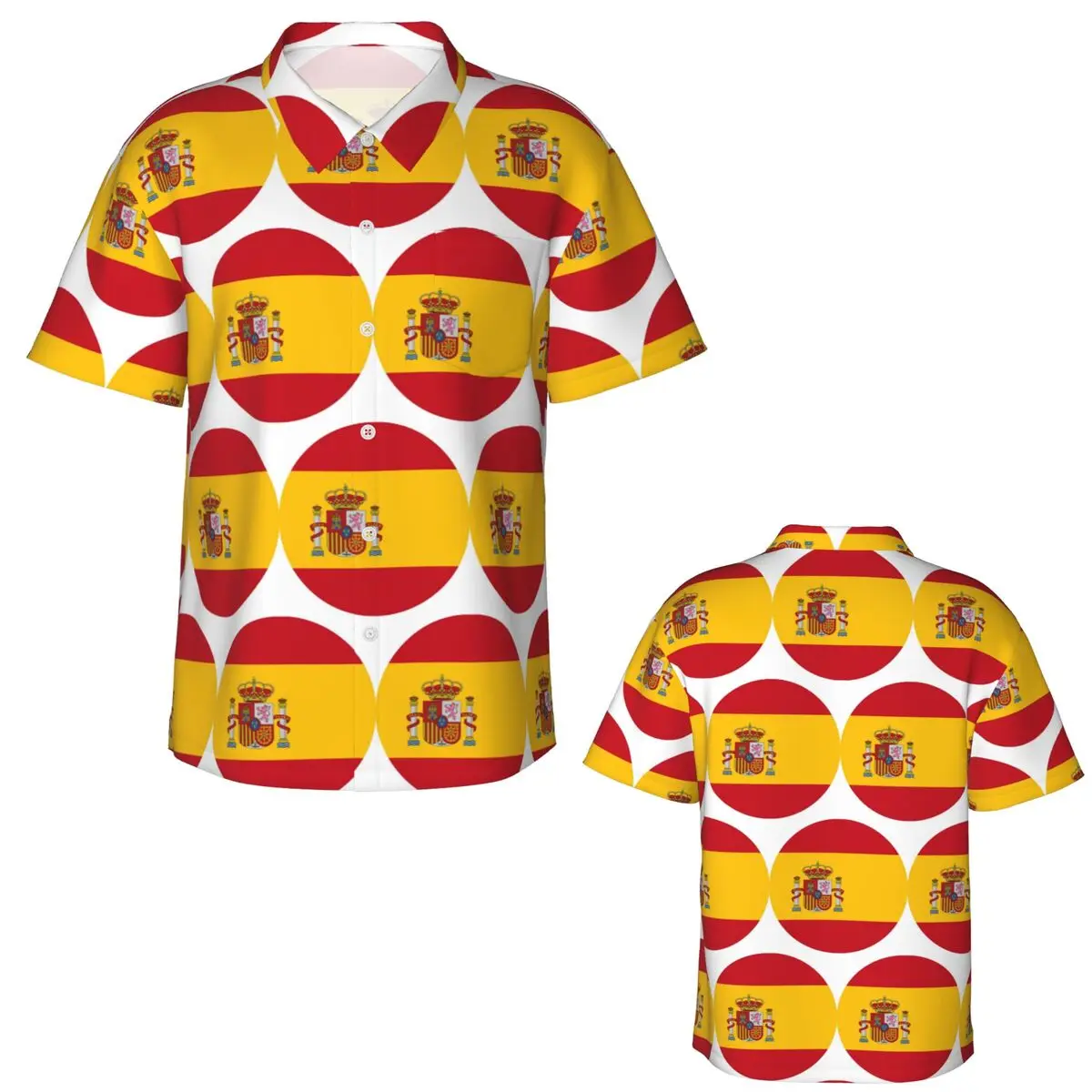 Spain Spanish Flag Round Hawaiian Shirts Casual Men Short Sleeve Shirt for Summer Beach Men's Lapel Tops