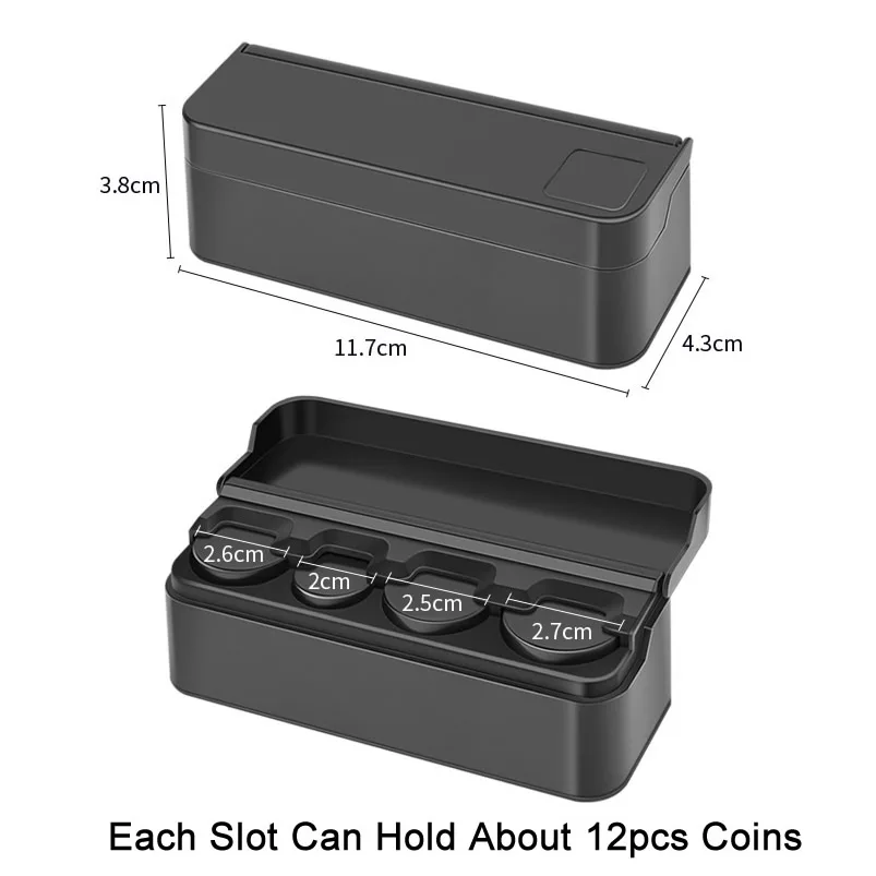 Schwarzer 4-Slots-Münzspender, Auto-Münzhalter, Sortiersammler mit Feder, tragbarer Mini-Aufbewahrungssafe für Geschäft, Outdoor, Auto