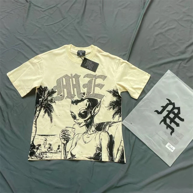 

Alien Print MIXED EMOTION T-Shirts Men Women Hot Diamond Letter Logo Oversized Short Sleeve