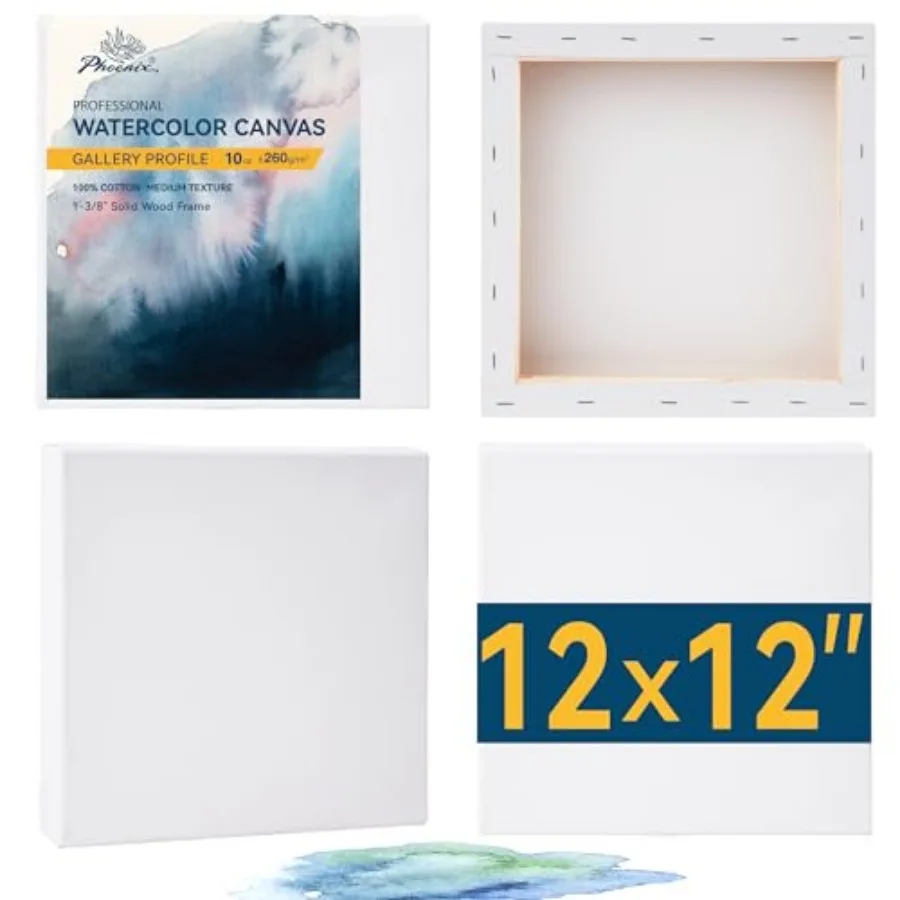 

Depth Watercolor - 12x12 Inch/4 Pack 1.5 in Deep 100% Cotton Water Color Square es for Painting 260g Medium Texture Canvas for