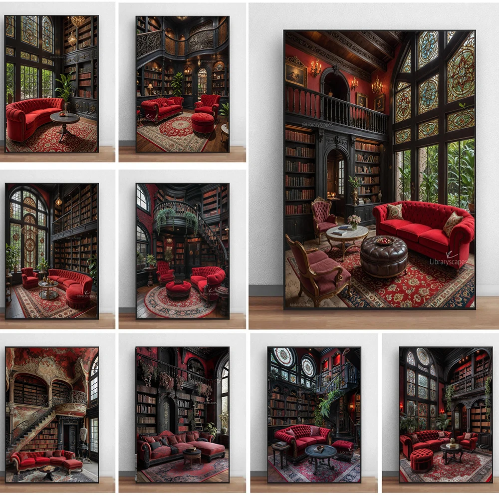 

Retro Mahogany Bookstore Library Posters Prints Red Sofa High-End Library Living Room Background Wall Decoration Canvas Painting