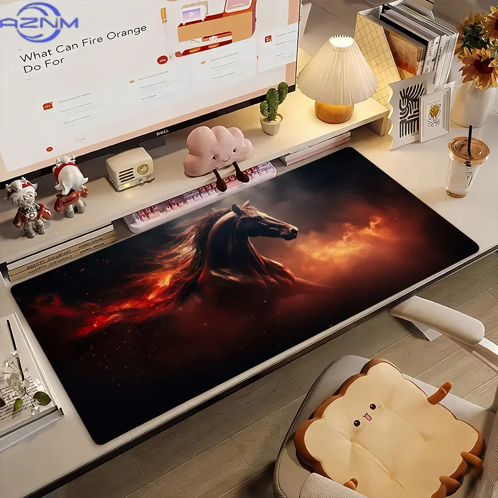Fiery Running Horse Mousepad Rubber Non-Slip Large Desk Mat Dark Background Art Keyboard Pad for Gaming Office