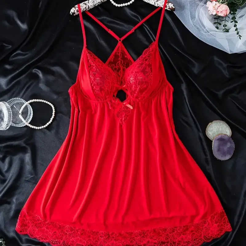 Sexy Nighties Lingerie  New Slip Nightdress Patchwork Lace Hollowed-out Lace See-through Home Wear  Women Nightwear Lingerie