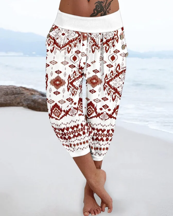 

Horde Print Low Waisted Button Decoration Seven Quarter Waistband Pocket Vacation Pants Women's Summer Casual Lantern Pants