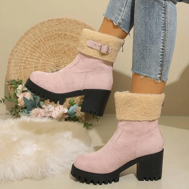

Женские ботинки больших размеров, зима 2020, нескользящие флисовые ботинки с круглым носком в британском стиле, широкие толстые ботинки