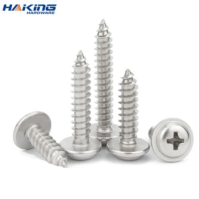 

50pcs/lot M1.4 M1.7 M2 M2.6 M3 M3.5 M4 M5 304 Stainless Steel Cross PWA Phillips Pan Round Head With Washer Self-tapping Screw