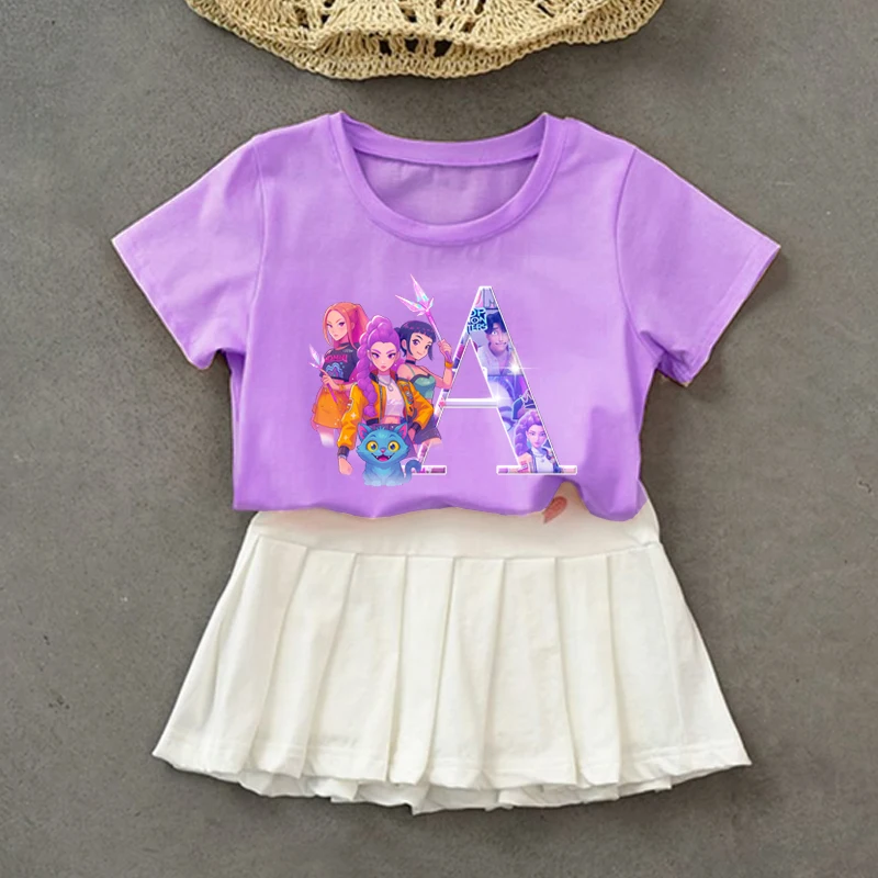 

Kpop Demon Hunters Юбка Футболка Комплект Платье для девочек Мультяшные буквы Летняя мода Топы с круглым вырезом Детская униформа Юбки Подарок на день рождения